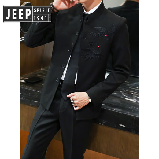 JEEP SPIRIT Jeep men's suit suit Chinese style trend Zhongshan decoration slim and handsome suit set for wedding youth stand-up collar navy blue two-piece suit - (top + pants) free belt tie M