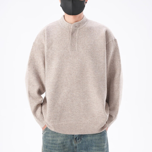 Baleno BALENO machine washable Henry collar sweater for men in winter Italian old money sweater lazy neutral wool sweater oatmeal color 2XL