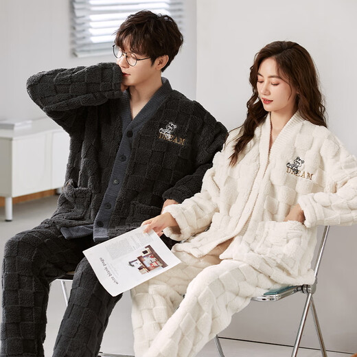 Langsha Couple Pajamas Autumn and Winter Coral Velvet Plus Velvet Thickened Men and Women Warm and Wearable Cartoon Home 2-piece Set Line Bear L Women's Style