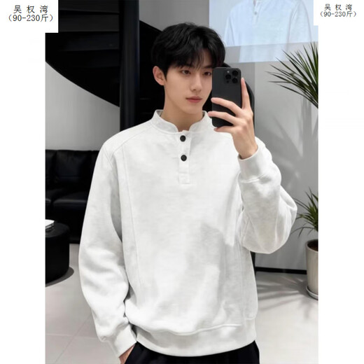Wu Quanwan American style heavyweight velvet Henry collar inner layering shirt men's cleanfit simple right shoulder slim long-sleeved sweatshirt Black plus velvet models are in stock now Black plus velvet 5XL