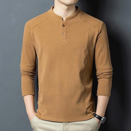 SEMALAM Xialuo light luxury brand men's clothing 2025 autumn and winter double-sided German velvet bottoming shirt men's Henry collar warm and versatile long-sleeved camel yellow M 165__ suitable for 90115Jin Jin equals 0.5 kg