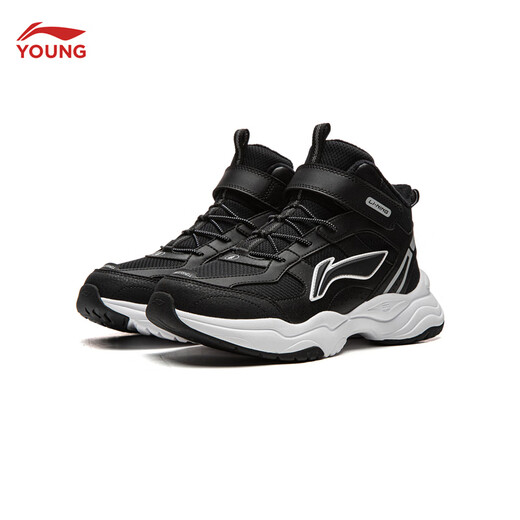 Li Ning children's shoes, children's cotton shoes, sports shoes, men's and women's, velvet, reflective, water-repellent, mid-top casual shoes, YKCU224, velvet, black-9 34