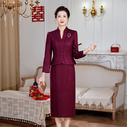 Fumini high-end mother-in-law wedding banquet evening dress fake two-piece wool dress autumn and winter wear mother's wear wedding wedding dress purple L