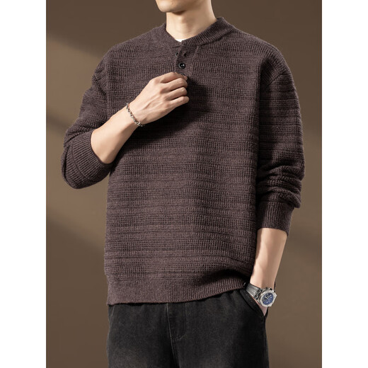 Zimei American retro Henry collar sweater for men in autumn and winter thickened jacquard loose casual sweater for men, brown M _115Jin Jin is equal to within 0.5 kg
