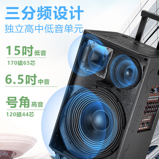 Danmark outdoor trolley audio high-power professional square dance karaoke audio 18-inch heavy bass three-way Bluetooth sound card live broadcast mobile event conference speaker dual charging microphone H-9115 (15-inch heavy bass)