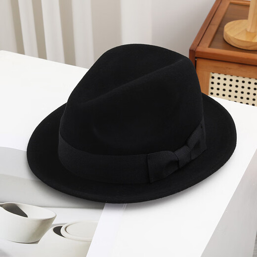 ALBINELE new autumn and winter hats for men and women, felt hats, retro and versatile British style hats, rolled edge wool hats, bow hats, black M (55-58cm) adjustable