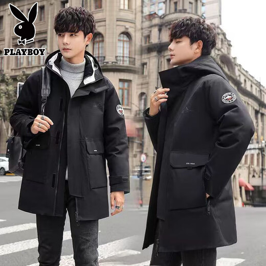 Playboy plus size plus size spring and autumn loose hooded college student casual winter fat trendy coat long men's windbreaker 621 black plus velvet 7XL wear 220-240Jin Jin is equal to 0.5 kg