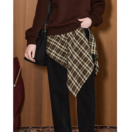 库恩玛维（KUHNMARVIN）咖色格纹一片式系带半身裙女2025年冬季新款叠穿不规则裙K20751 咖色格纹 均码