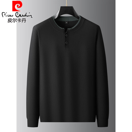 Pierre Cardin 2025 Autumn and Winter Large Size Henley Collar Sweater Men's Casual Button Sweater New Versatile Plus Fat Oversized Bottoming Shirt Black XL 120-140Jin Jin equals 0.5 kg
