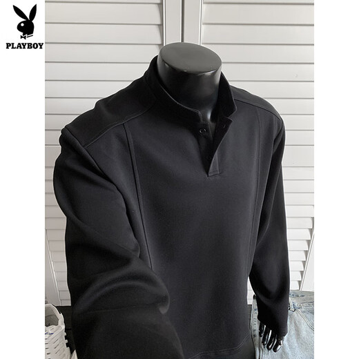 Playboy right shoulder sweatshirt cleanfit high-end pure white henley collar long-sleeved t-shirt men's autumn American style bottoming shirt white custom style M