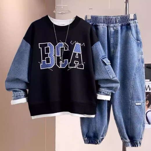 Yudie (YUDIE) 2025 new boys' spring and autumn velvet sweatshirt suit, big children's sports trendy suit 3085 black suit 140 cm