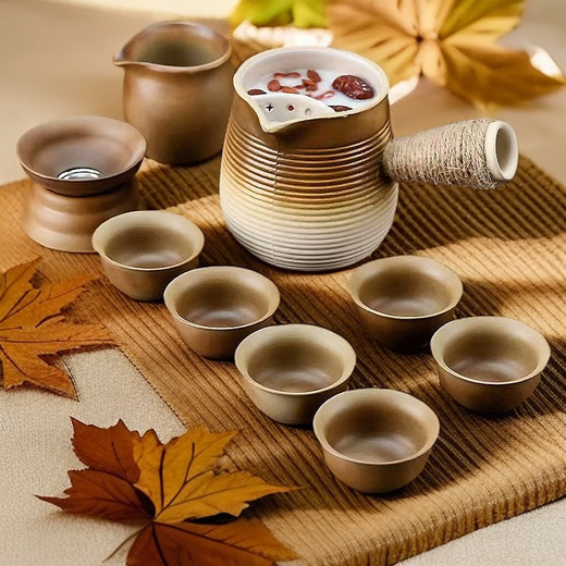 Chinese style roasted milk tea pot with lid, roasted milk tea pot, stove set, large capacity 620 ml, small basic model, brown pot, wooden lid, six cups, filter set, fair cup