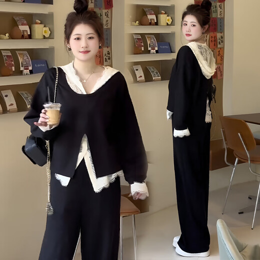 Fantan fat mm three-piece set spring and autumn plus size women's loose belly-covering sweatshirt lace top wide-leg pants suit for women black top + lace bottoming + casual pants (three-piece set) 3XL - recommended 160-190Jin Jin is equal to 0.5 kg