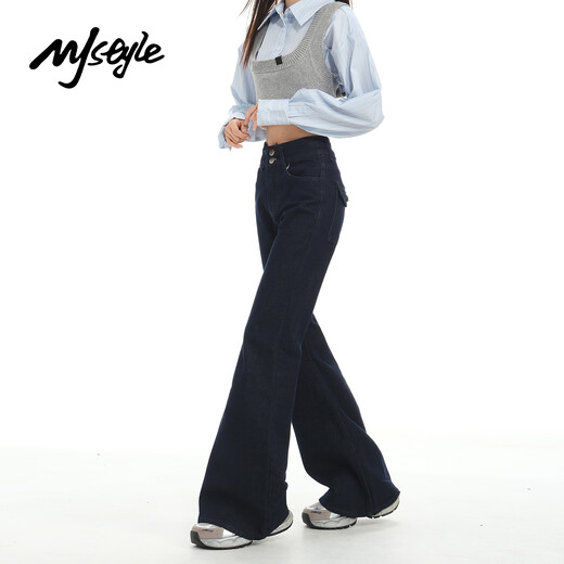 MJ STYLE American high-waisted boot-cut pants for women 2025 new autumn women's loose slimming bell-bottom jeans dark blue S