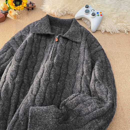 Lovren LOFVRANG American retro old money style twist Henry collar sweater for men in winter loose pullover couple layered cable knit sweater light gray L