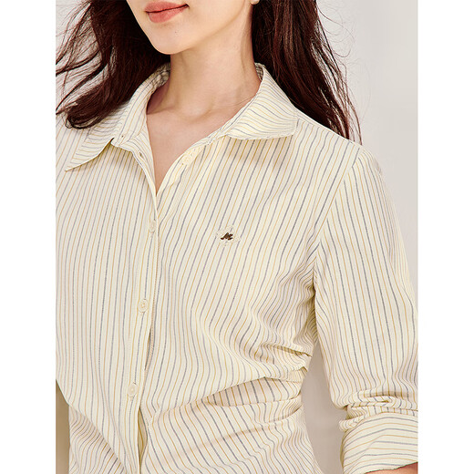 INMAN Simple Commuting Vertical Stripe Pleated Shirt 2026 Spring Women's New Slim Long Sleeve Shirt Top Light Yellow M