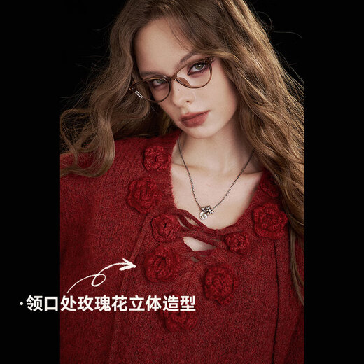 Fairy's Pocket Red Three-dimensional Rose V-neck Sweater Women's 2025 Autumn and Winter New Lazy Style Loose Top Rose Red M