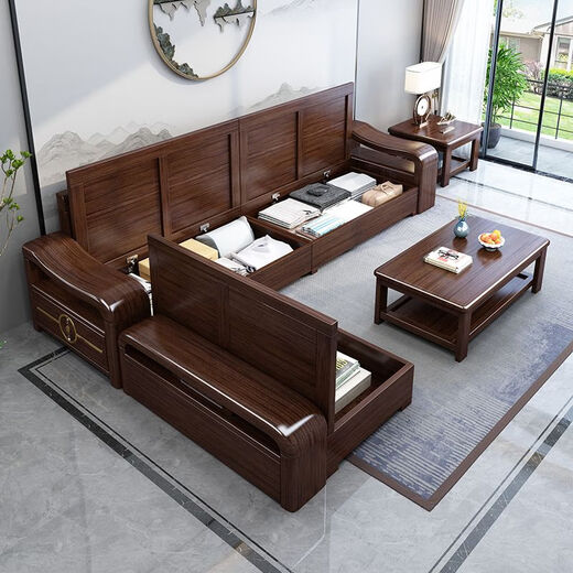 Shetan new Chinese solid wood sofa living room sofa combination purple sandalwood household small apartment living room sofa large sofa no-wash technology cloth cover 1+2+3+long coffee table+square table+TV cabinet