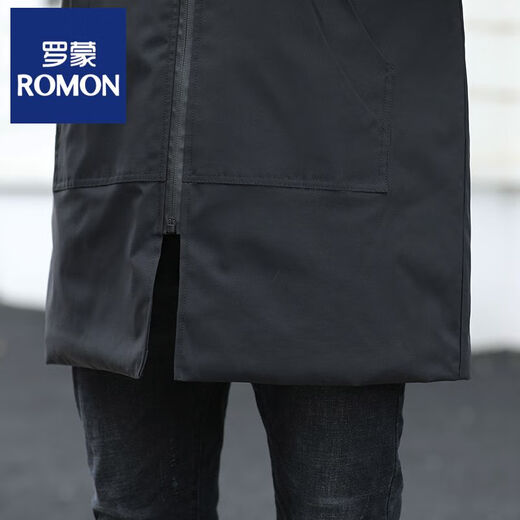 ROMON windbreaker men's mid-length hooded fashionable casual solid color large size jacket men's 2025 spring, autumn and winter new cotton jacket black (cotton) M