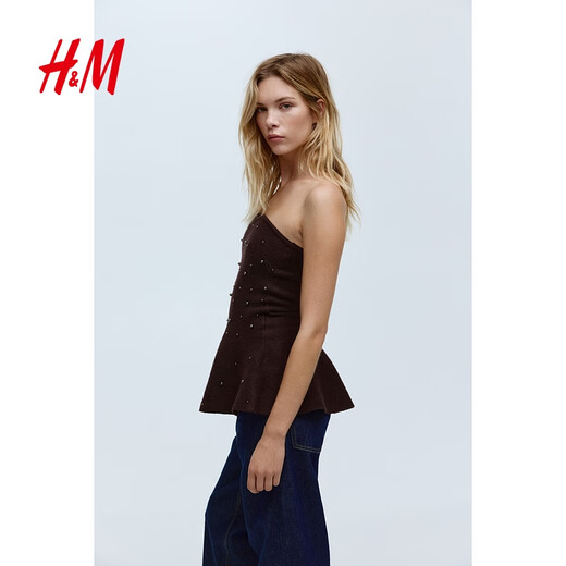 H&M 2025 new autumn women's beaded tube top 1303064 dark plum purple XS 155/80