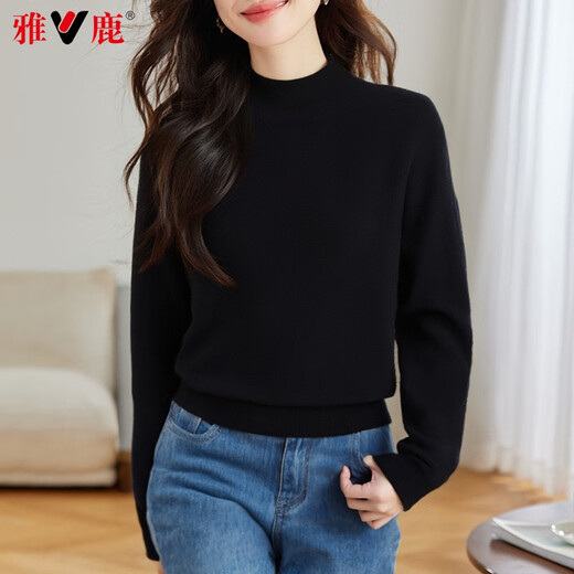 Yalu 100% Pure Wool Sweater Women's Solid Color Simple Half Turtle Collar Fashion Versatile Sweater Autumn and Winter Warm Knitted Bottoming Sweater Black L