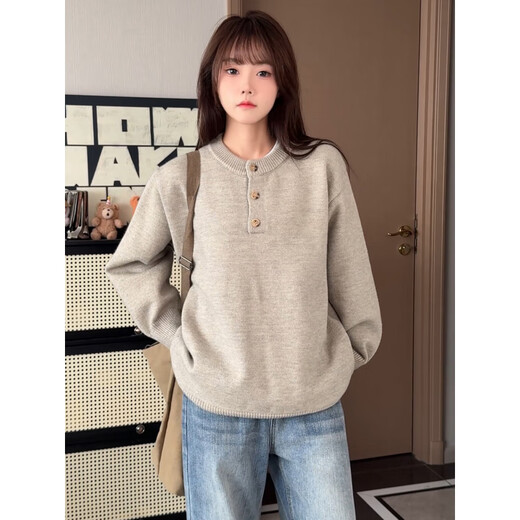 XUANSENTU cleanfit Henry collar Japanese sweater men's autumn and winter American bottoming sweater old money style long-sleeved polo shirt yellow gray upgraded model L recommended 115-130Jin Jin equals 0.5 kg
