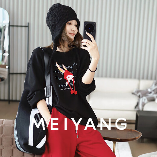 MEIYANG Little Red Riding Hood Sweater Air Layer Knitted Round Neck Embroidered Printed Top Age-Reducing Vitality and Slimming Autumn New Style Black M