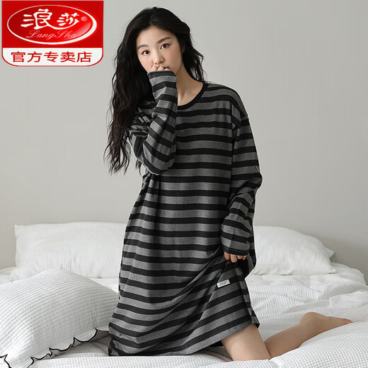 浪莎（LangSha）2024年新款睡裙女春秋纯棉感秋冬季睡衣可外穿条纹家居服 W9764长袖睡裙 L 90-110斤