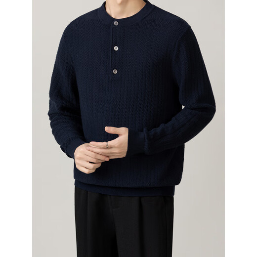 LUMILOTUS light luxury new brand jacquard henley collar sweater men's autumn and winter new casual versatile business long-sleeved inner sapphire blue M