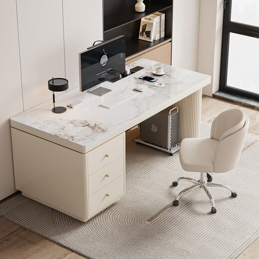 Verdainton Italian light luxury style computer desk bedroom student study table new home slate desk study office writing desk off-white feet + off-white cabinet + Chanel glossy surface 120*60*75 single table with desktop power strip + threading hole + host position