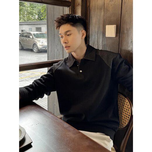 XUANSENTU black American shoulder polo shirt men's autumn handsome Henry collar sweatshirt long-sleeved inner layered shirt trendy black upgraded version 2XL