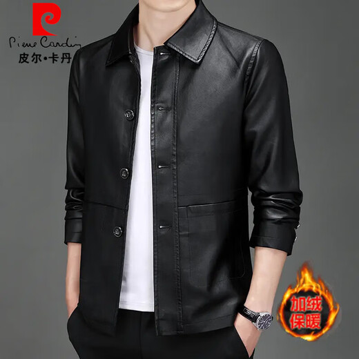 Pierre Cardin Men's Imitation Leather Jacket 2025 Autumn New Winter Dad's Wear Thickened Warm Jacket Young and Middle-aged Lapel Soft Leather Jacket Brown-8022 L Recommended 105-120 Jin Jin equals 0.5 kg