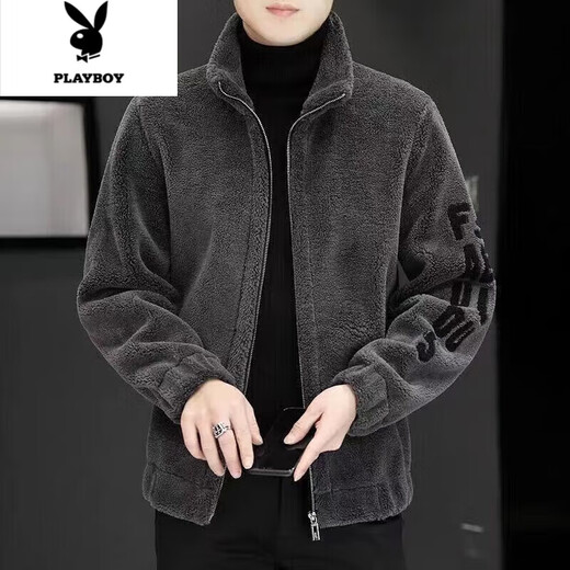 Playboy 2022 Autumn and Winter New Men's Jacket Thickened Warm Shearling Jacket Wool Men's Gray XL _Recommended 130-150Jin Jin equals 0.5kg