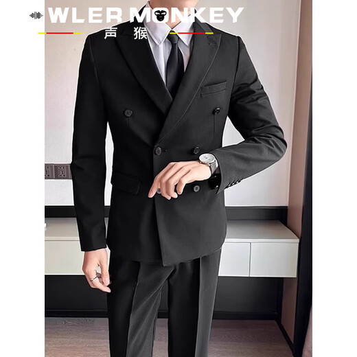 Sound Monkey Suit Men's Interview Professional Student Formal Suit Wedding Dress New Groomsman Business Casual Jacket Men Black Suit + White Shirt + Black Pants + Tie L