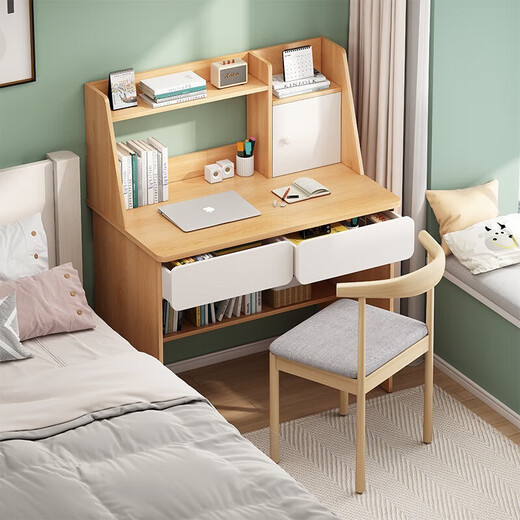 Simple desk bookshelf integrated student writing study table small apartment bedroom home office desktop computer table 80cm Nordic maple color
