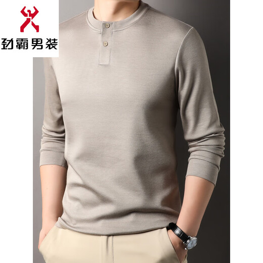 KBXNG Jinba autumn button long-sleeved T-shirt men's autumn and winter versatile henley shirt with wool men's high-end Chinese style loose military green 2XL 180