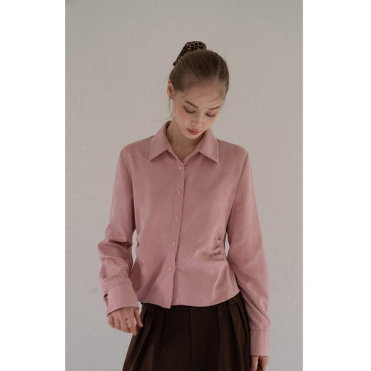 EGGKA pink pleated design long-sleeved shirt layered with waist and temperament short top E25A60131BK Pink S
