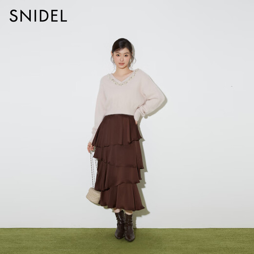 SNIDEL2025 new autumn and winter two-wear front and rear imitation pearl rhinestone V-neck sweater top SWNT254310 Pink One Size (F)