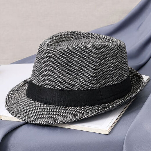 Qisman top hat for middle-aged and elderly men, autumn and winter British jazz hat, middle-aged gentleman hat, black small top hat, men's top hat, woolen black and gray, M size 56-58cm