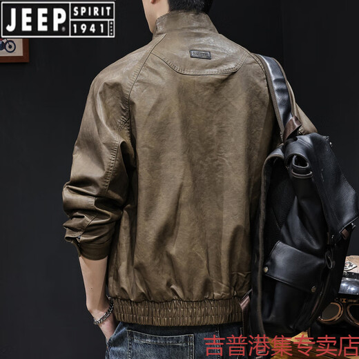 JEEP SPIRIT high-end leather jacket men's autumn and winter 2025 new men's velvet thickening large size trendy brand clothes motorcycle style brown L suitable for 120-140Jin Jin equals 0.5 kg