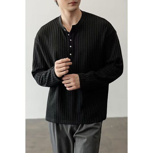 Handsome Henry Collar Bottoming Shirt Men's Top Old Money Style 2025 Early Autumn New Solid Color Textured Long Sleeve T-shirt Men 12 Black W56 M