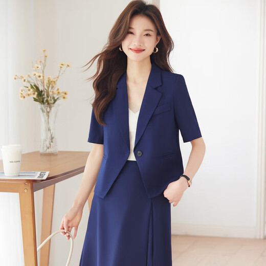 蓝色短款西装套装裙女薄款夏季小个子高级感气质职业西服外套短袖 粉色 单件外套（Ki826） 2XL