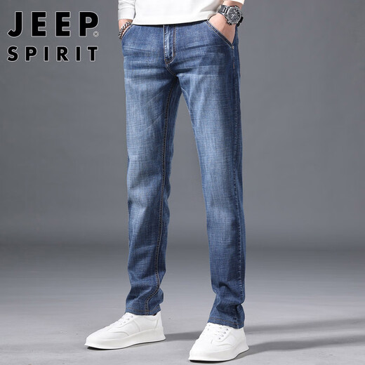 JEEP SPIRIT Jeep jeans men's loose autumn and winter men's straight pants micro-elastic casual pants matte white blue 32