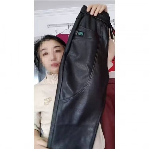 Moon-sleeved men's leather pants, men's harem pants for small men, thickened velvet, high waist, waterproof elastic waist, cold-proof and warm leather trousers, Magee# thickened velvet - black 4XL recommended 160-180Jin [Jin equals 0.5kg]