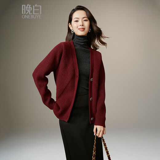 Late White New Product 2025 Winter Fashion Casual Chinese Red Sweater High Elastic Wool Knitted Cardigan Jacket for Women Burgundy M