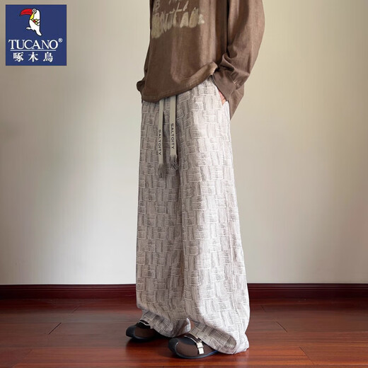 Woodpecker Casual Pants Men's 2025 Autumn New American Retro Plaid Heavy Pants Loose Straight Wide Leg Sports Pants Black XL 65kg-75kg