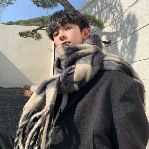 Woodpecker (TUCANO) Men's Scarf Men's Autumn and Winter Thickened Warm Boys Plaid Scarf Women's Korean Style Atmosphere Couple Gift Black