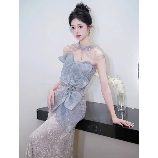 Mermaid evening dress for women 2025 new high-end engagement high-end light luxury niche French wedding toast dress light blue (no necklace) S