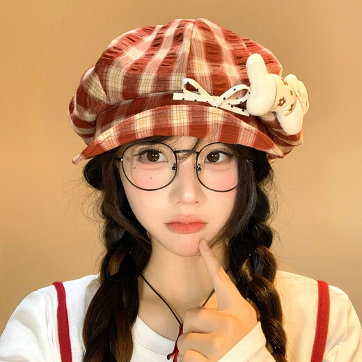 QUEEN TRIP Cute Kitten Bow Plaid Beret Women's Face Revealing Small Flap Octagon Hat Big Head Newsboy Painter Hat Red-Kitten Bow Plaid Beret