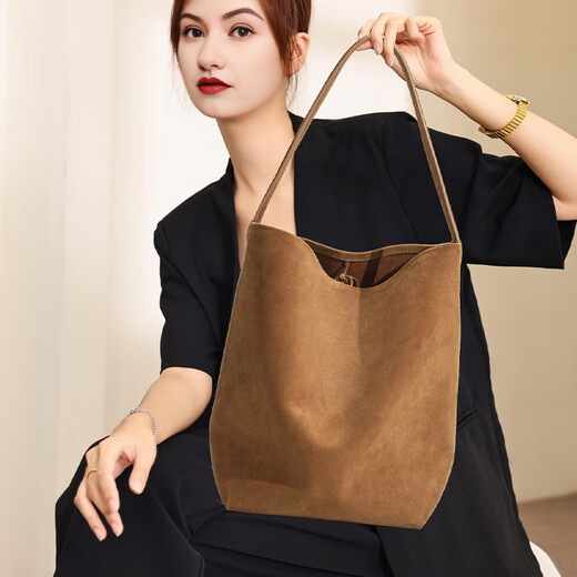 GOLDLION G+ Guangzhou women's bag niche versatile portable shoulder bag solid color commuting large capacity nubuck leather bucket black large size